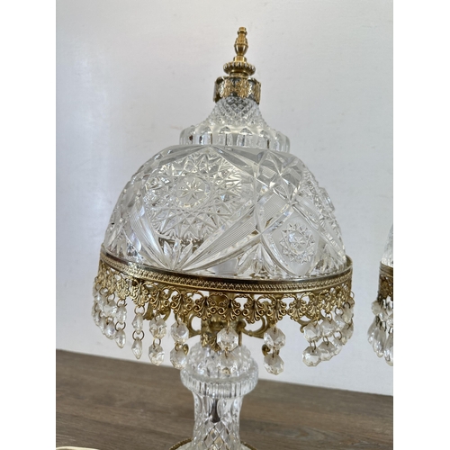 635 - Two mid 20th century brass and cut glass domed table lamps - largest approx. 57cm high