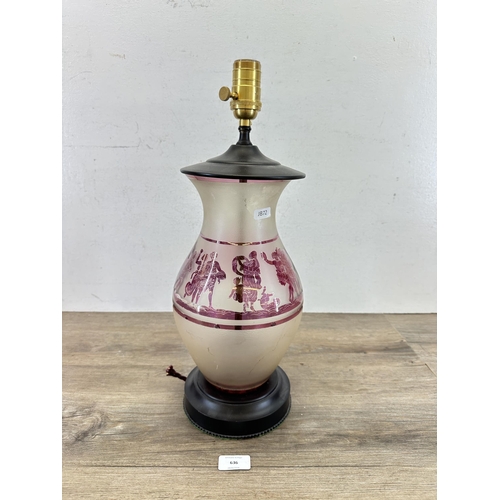 636 - An antique frosted and purple glass converted table lamp with Greek design - approx. 48cm high