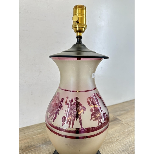 636 - An antique frosted and purple glass converted table lamp with Greek design - approx. 48cm high