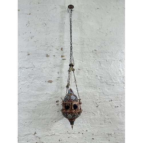 638 - An antique Moroccan copper and enamel painted lantern ceiling light - approx. 45cm high (without fle... 