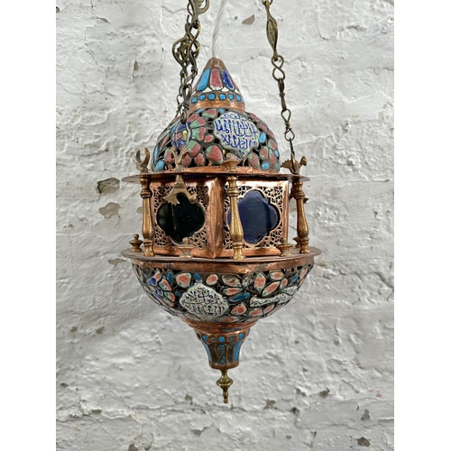 638 - An antique Moroccan copper and enamel painted lantern ceiling light - approx. 45cm high (without fle... 