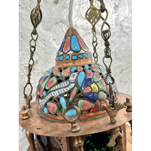 638 - An antique Moroccan copper and enamel painted lantern ceiling light - approx. 45cm high (without fle... 