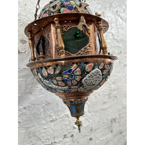 638 - An antique Moroccan copper and enamel painted lantern ceiling light - approx. 45cm high (without fle... 