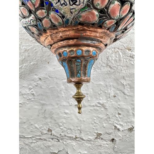 638 - An antique Moroccan copper and enamel painted lantern ceiling light - approx. 45cm high (without fle... 