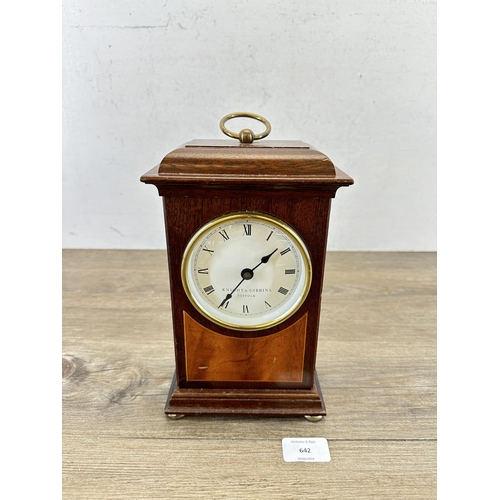 642 - An Edwardian style Knight & Gibbins of Suffolk inlaid mahogany mantel clock with Junghans quartz mov... 