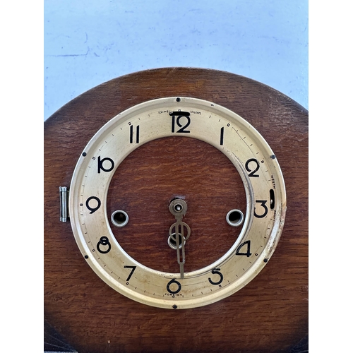 644 - An Art Deco oak Westminster chiming mantel clock - approx. 23cm high x 6cm wide x 17cm deep