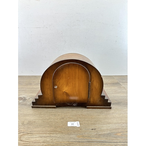 644 - An Art Deco oak Westminster chiming mantel clock - approx. 23cm high x 6cm wide x 17cm deep