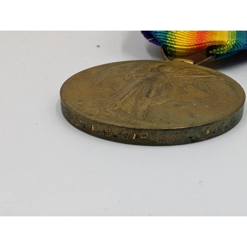 2153 - Two WWI British Victory medals, one presented to T-314329 Pte. A. J. Garbett A.S.C. and one presente... 