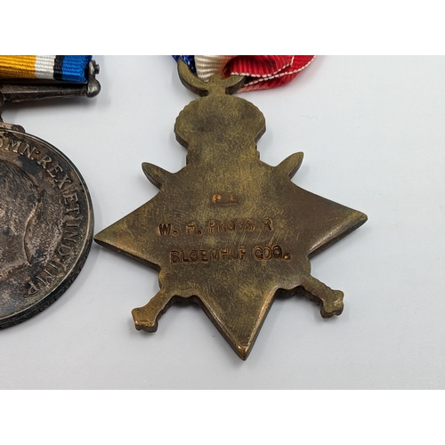 2184 - A WWI South African medal trio presented to Pte. W. H. Prosser Bloemhof CDO