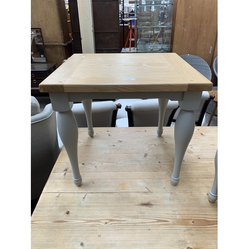 102 - Two modern oak and grey painted side tables - largest approx. 50cm high x 50cm wide x 55cm long