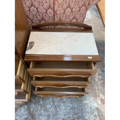 130 - Three mid 20th century teak effect bedside chests of drawers, two matching and one marble top - larg... 