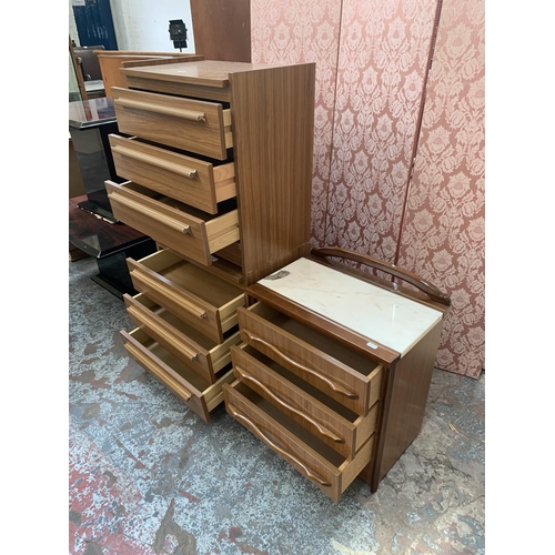 130 - Three mid 20th century teak effect bedside chests of drawers, two matching and one marble top - larg... 