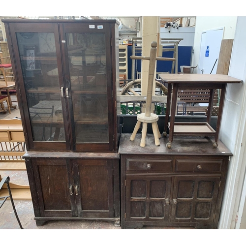 141 - Four pieces of house clearance furniture, one oak sideboard, one mahogany tea trolley, one 1930s oak... 