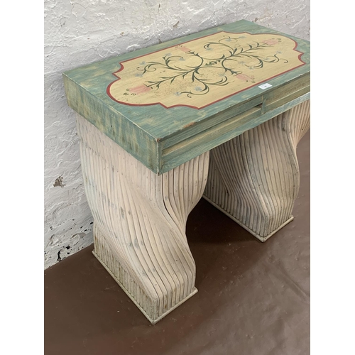 146 - A French style hand painted wooden and cane console table - approx. 82cm high x 50cm wide x 46cm dee... 