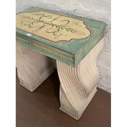 146 - A French style hand painted wooden and cane console table - approx. 82cm high x 50cm wide x 46cm dee... 