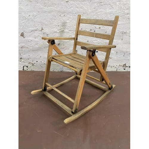147 - Two pieces of beech furniture, one child's rocking chair and one circular height adjustable tripod s... 