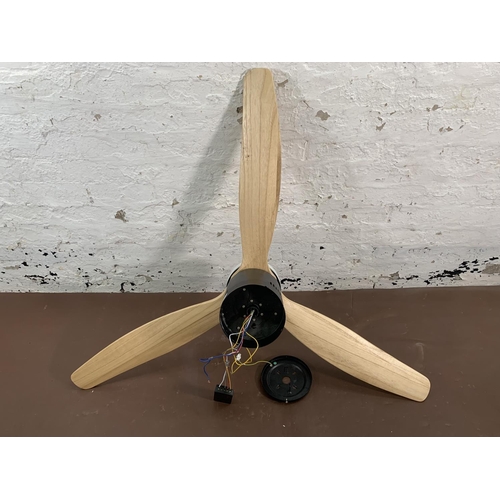 151 - A modern black metal and wood propeller ceiling fan light - approx. 115cm diameter x 31cm high