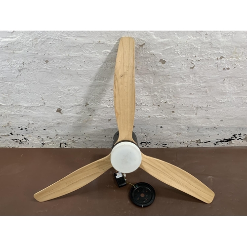 151 - A modern black metal and wood propeller ceiling fan light - approx. 115cm diameter x 31cm high