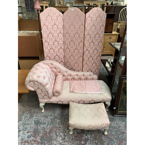 154 - Three pieces of pink floral fabric upholstered furniture, one three section folding dressing screen ... 