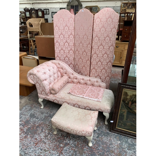 154 - Three pieces of pink floral fabric upholstered furniture, one three section folding dressing screen ... 