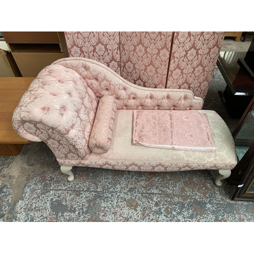 154 - Three pieces of pink floral fabric upholstered furniture, one three section folding dressing screen ... 