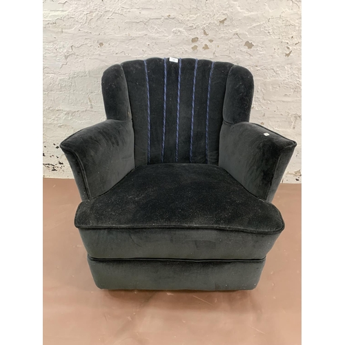 158 - An Art Deco black velvet upholstered fan back armchair - approx. 70cm high x 73cm wide x 73cm deep