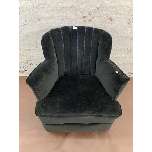 158 - An Art Deco black velvet upholstered fan back armchair - approx. 70cm high x 73cm wide x 73cm deep