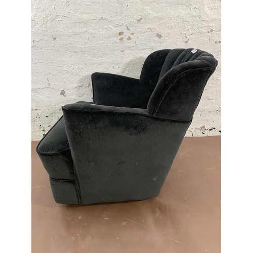 158 - An Art Deco black velvet upholstered fan back armchair - approx. 70cm high x 73cm wide x 73cm deep