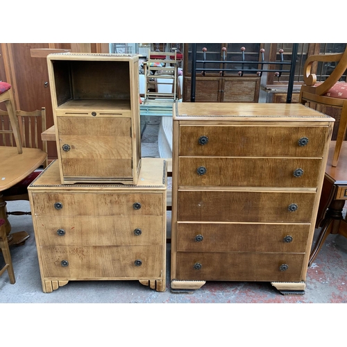 161H - An Art Deco style oak three piece bedroom suite with metal beaded decoration comprising two chests o... 