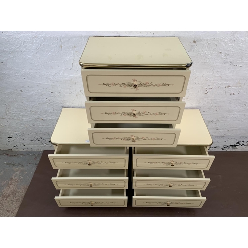 163 - Three mid/late 20th century white floral pattern melomine bedside chests of drawers - approx. 58cm h... 