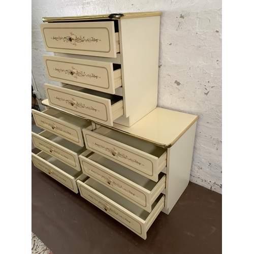 163 - Three mid/late 20th century white floral pattern melomine bedside chests of drawers - approx. 58cm h... 