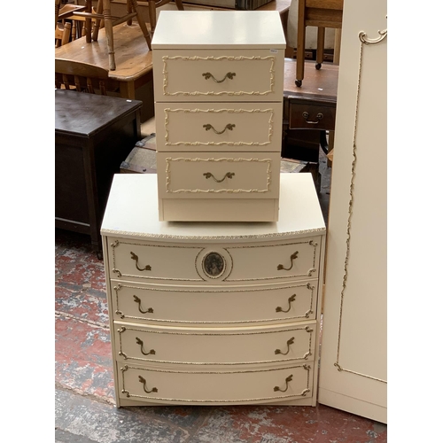 165 - A French Louis XV style white painted and gilded four piece bedroom suite comprising chest of drawer... 