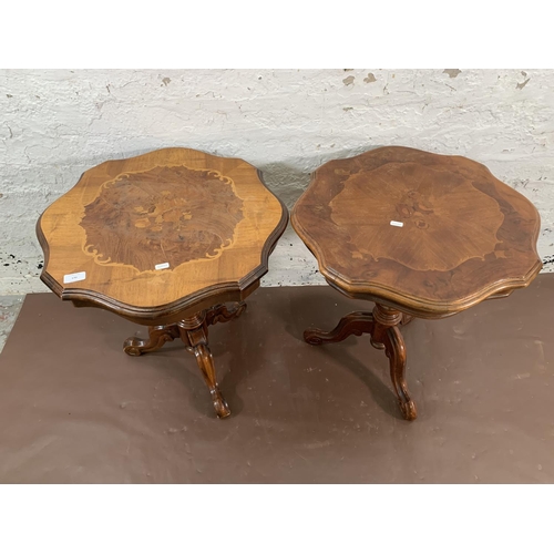 170 - Two Italian style inlaid walnut effect serpentine tripod side tables - approx. 60cm high x 54cm diam... 