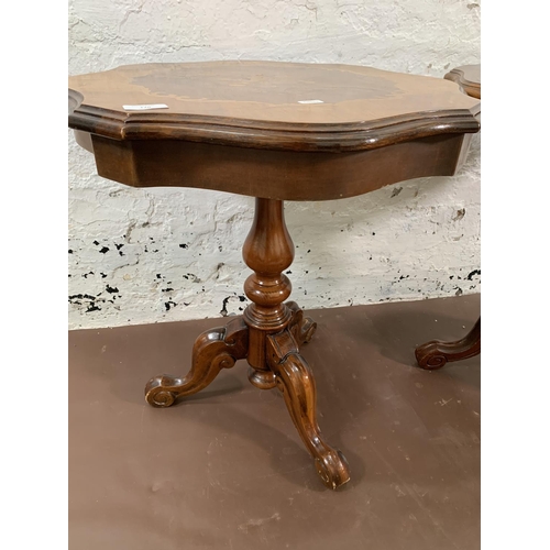 170 - Two Italian style inlaid walnut effect serpentine tripod side tables - approx. 60cm high x 54cm diam... 