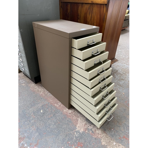 174 - A brown and cream metal ten drawer office filing cabinet - approx. 60cm high x 28cm wide x 41cm deep