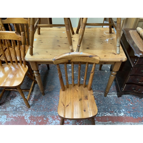 189 - A pine rectangular dining table and three chairs - approx. 77cm high x 68cm wide x 106cm long