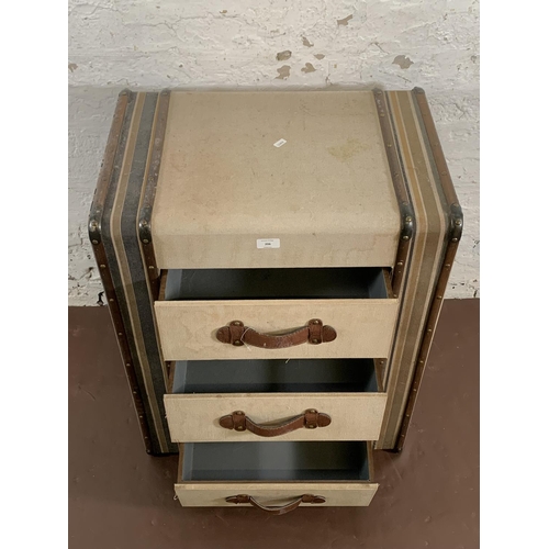 206 - A modern fabric and wooden banded novelty travel trunk chest of three drawers - approx. 76cm high x ... 