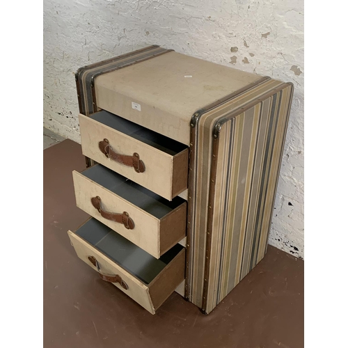 206 - A modern fabric and wooden banded novelty travel trunk chest of three drawers - approx. 76cm high x ... 