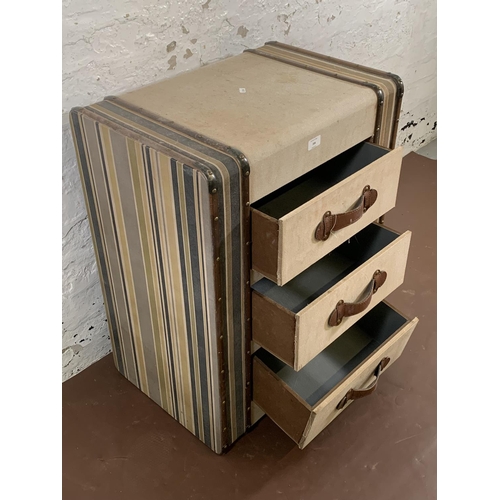 206 - A modern fabric and wooden banded novelty travel trunk chest of three drawers - approx. 76cm high x ... 