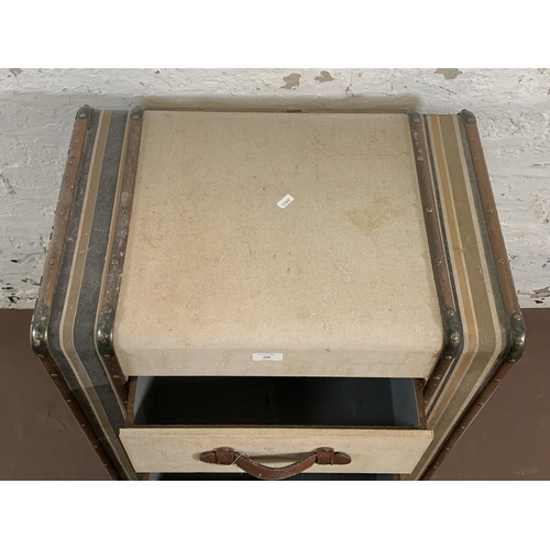 206 - A modern fabric and wooden banded novelty travel trunk chest of three drawers - approx. 76cm high x ... 