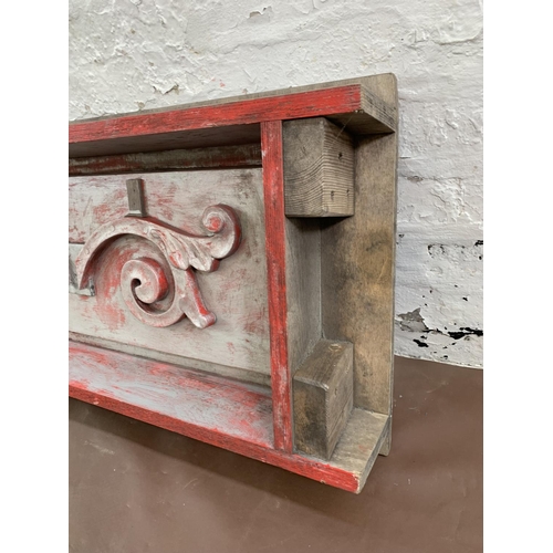 21 - A mid 20th century carved wooden industrial printing block - approx. 48cm high x 112cm wide x 14cm d... 