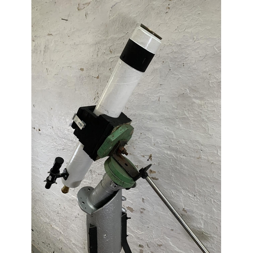 228 - A scratch built wood and metal telescope on tripod stand - approx. 180cm high