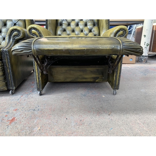 237 - An olive green leather Chesterfield four piece lounge suite comprising two reclining armchairs and t... 