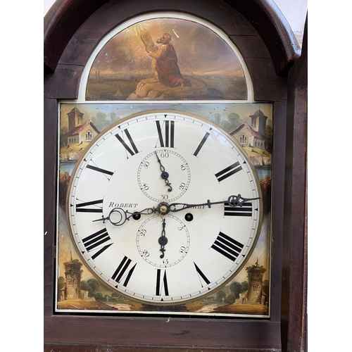 28 - A 19th century mahogany cased grandfather clock signed 'Robert Derby' to enamel face with pendulum -... 