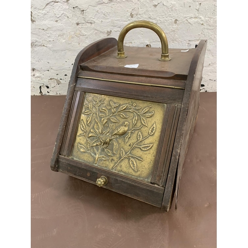 30 - A Victorian walnut and embossed brass coal scuttle with shovel - approx. 35cm high x 34cm wide x 49c... 