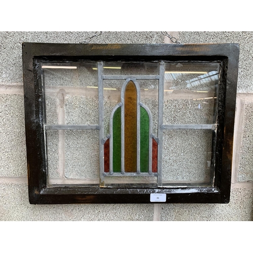 31 - A 1930s wooden framed lead and stained glass window - approx. 38cm high x 49cm wide