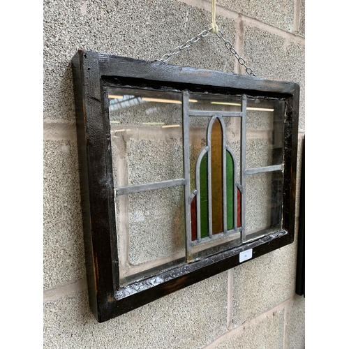 31 - A 1930s wooden framed lead and stained glass window - approx. 38cm high x 49cm wide