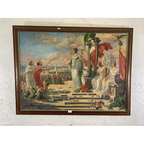 313 - A mid 20th century framed allegorical printed scene on fabric - approx. 92cm high x 122cm wide