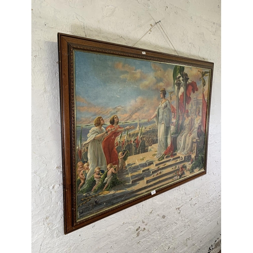 313 - A mid 20th century framed allegorical printed scene on fabric - approx. 92cm high x 122cm wide