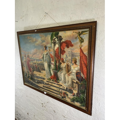 313 - A mid 20th century framed allegorical printed scene on fabric - approx. 92cm high x 122cm wide